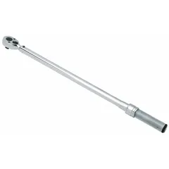 This ratcheting micrometer torque wrench has a 3/8 in square drive and a torque range of 100 in-lb to 750 in-lb. It is used for precision tightening of fasteners in applications such as engine assembly and machinery maintenance where accurate torque control is required.