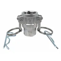 This Type D cam and groove coupling features a 316 stainless steel body and a nitrile gasket, with a 1/2" FNPT thread (1/2"-14) and 1 61/64 in overall length. It includes a locking arm for secure connections. Used for quick-connect hose and pipe connections in industrial fluid transfer applications