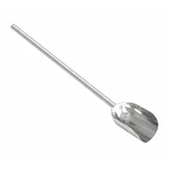 This stainless steel hand scoop is designed for sanitary material handling in food processing and industrial settings. It features a 31 3/4 in overall length and 5 in overall width, with a silver finish. The scoop is not disposable and intended for repeated use.