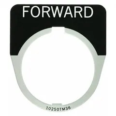 Half-round legend plate for Series 10250T push-button operators. Overall width 1 5/8 in. Provides clear labeling for control panel applications.