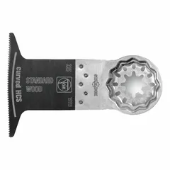 Set of three carbon steel Starlock mounted blades for plunge cutting into plastic materials. Each blade has a 2 in overall length and is suitable for flush cutting plastic pipes, panels, or profiles in renovation and trim work.