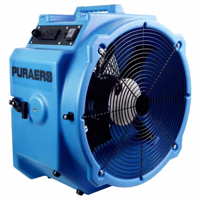 PURAERO Axial Blower: 4,000 cfm, 1/4 hp, Fixed Frame, 115V AC, 2 Speeds, Blue, Variable - Portable Fans