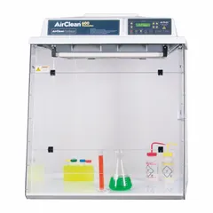 This fully assembled ductless fume hood provides a contained workspace for handling low-hazard chemicals, vapors, and particulates without external ducting. It includes a blower, base/stand, and work surface, making it suitable for instructional and light-duty laboratory applications.