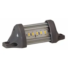 Rectangular LED floodlight for permanent surface-mount installation on vehicles. Provides wide-area illumination for tasks such as construction, mining, agriculture, and material handling. Features bolt mount, wire leads, and black housing.