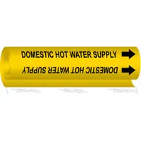 Pipe Marker: Domestic Hot Water Supply, Yellow, Black, Fits 1 1/2 to 2 3/8 in Pipe O.D., With Arrows (MPN 5677-I)