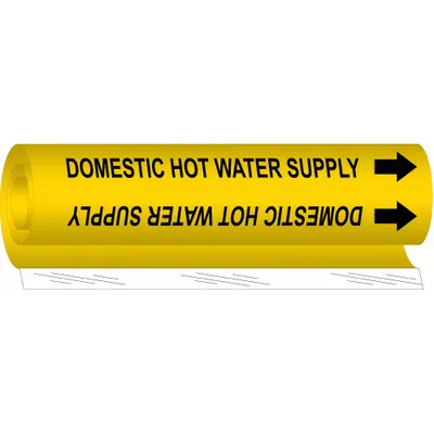 BRADY Pipe Marker: Domestic Hot Water Supply, Yellow, Black, Fits 1 1/2 to 2 3/8 in Pipe O.D. - Domestic Hot Water Supply Wrap-Around Pipe Markers