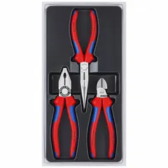 This 3-piece plier set includes pliers with knurled grips and plastic parts for manual operation. The set covers a pliers range of 2 to 5. Suitable for gripping, cutting, and twisting tasks in general maintenance and repair work.