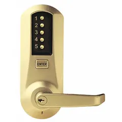 This mechanical push button lockset is constructed of brass with a clutch lever style. It features a KABA cylinder (Schlage C keyway) for key override. The lockset operates without electrical power, providing keyless entry for commercial and institutional doors.