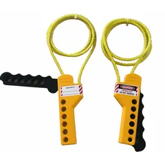 This squeeze-handle cable lockout includes a 3 ft nylon cable with red plastic finish and a yellow plastic body. The body accommodates multiple padlocks for group lockout situations. Used to isolate energy sources by locking out electrical switches or valves during maintenance.