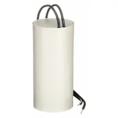 Dry-film capacitor for high-intensity discharge lighting applications. Rated 8 µF, 300V AC, with a 1 1/4 in overall diameter. Used in industrial lighting fixtures to improve power factor and stabilize voltage.