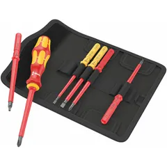 Insulated multi-bit screwdriver with 6 interchangeable tips: slotted 0.6 and 1, Phillips PH 1 and PH 2, and Torx #1 and #2. Designed for precision fastening in electrical and mechanical assembly, maintenance, and repair. The insulation provides protection against electric shock when working on live circuits.
