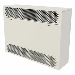 Fan-forced electric cabinet wall heater for surface mounting. Provides 10 kW heat output and 500 cfm airflow. Operates on 240V AC, 3-phase power. White finish. Overall dimensions: 45 in wide x 26-3/8 in high x 9-3/4 in deep.