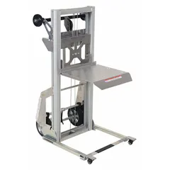 Manual platform lift truck with 200 lb capacity, 61 in lift height, and 14 in L x 17 in W aluminum platform. Operated by foot pump and cable mechanism, with two axle-mounted wheels. Suitable for lifting and transporting loads in industrial and warehouse settings for maintenance, assembly, and order-picking tasks.