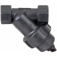 Polypropylene Y strainer with 1-1/4 in NPT connections and 20 mesh 304 stainless steel screen. EPDM seal. 7-1/2 in height. Used for inline filtration to remove particulates from liquids in industrial fluid systems