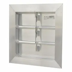 Wall-mount backdraft damper for 16 in nominal duct diameter. Features flat blades and horizontal airflow direction. Constructed of aluminum with dimensions 16 in H x 16 in W x 2 1/4 in D. Used in exhaust systems to prevent reverse airflow.