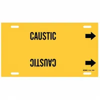 Yellow strap-on pipe marker with black 'Caustic' legend and directional arrows. Fits pipe outer diameters from 6 to 7-7/8 inches. Used to identify piping systems carrying caustic substances in industrial facilities