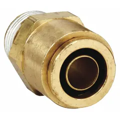 Brass push-to-connect adapter fitting with 5/8 in OD tube size and 1/2 in NPTF male thread. Used to connect tubing to threaded ports in pneumatic systems, air brake lines, and fluid handling circuits. No tools required for tubing installation.