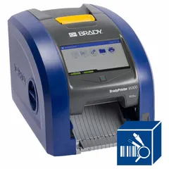 Single-color desktop printer for cable and wire labeling, capable of PC-connected or standalone operation via Ethernet/USB. Includes Brady Workstation Product and Wire ID Software Suite and a USB cable.