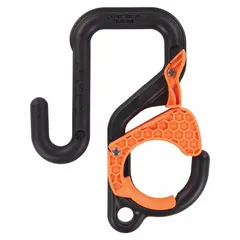 This plastic apron hook measures 3 in W x 3 3/4 in H x 8 1/2 in L in Black/Orange. It attaches buckets or tools to a work belt or bucket bag for convenient access during tasks at height or on ladders. Meets ANSI 121-2018 standards.