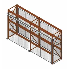 This wire mesh pallet rack enclosure kit is designed to secure stored goods on pallet racks in warehouses and distribution centers. Constructed from 10 ga steel with a powder-coated gray finish, it includes an overhead track and mounting hardware. The 144 in x 48 in x 96 in enclosure helps prevent items from falling and deters unauthorized access.