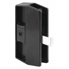 This sliding handle and latch kit is designed for use on sliding screen doors. It provides a push-pull latch mechanism for securing and operating the door. The kit includes a black, unfinished handle and latch assembly with an overall height of 3-3/4 inches and an overall length of 3/8 inch.