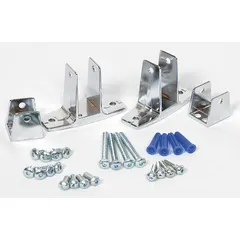 Bright zinc mid panel bracket for plastic laminate bathroom partitions. Includes four #10 x 5/8 in barrel nuts. Used to secure and align panels in commercial restroom stall assemblies.
