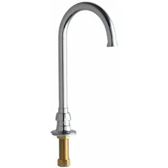 This gooseneck spout is made of brass with a polished chrome finish. It features a swivel design and includes mounting hardware. The flow rate is 1.5 gpm. Commonly used in commercial kitchens, laboratories, and wash stations.
