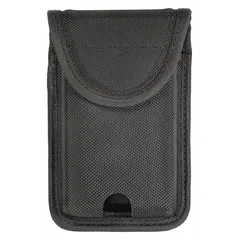 This duty equipment pouch is constructed from black nylon and measures 6 inches by 4 inches. It features a hook-and-loop closure for secure storage. Designed to hold a radio and a phone, it is suitable for use by security personnel and field workers requiring quick access to communication devices.