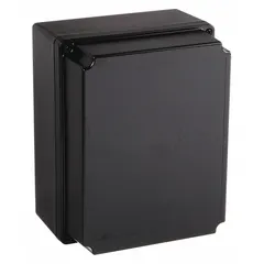 Nonmetallic enclosure made of polycarbonate with a solid cover. Measures 7 x 5 x 4 inches. Rated NEMA 4 for protection against dust, rain, and hose-directed water. Suitable for housing electrical controls, terminals, and instruments in indoor or outdoor environments.