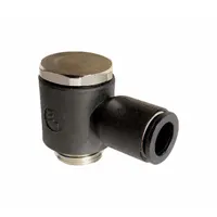 Nylon and nickel-plated brass tube fitting with 1/8 in BSPP male thread and 8 mm push-to-connect port. Used to connect threaded ports to tubing in pneumatic or fluid systems. Black finish