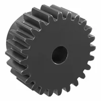 This metric spur gear has 24 teeth, module m 1.5, and an 8 mm plain bore. It is made of S45C carbon steel with a black oxide coating and features a hub with set screws for secure shaft mounting. Precision class JIS N8 (JIS B1702-1:1998). Suitable for transmitting motion and torque between parallel shafts in industrial machinery and automation systems
