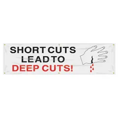 Indoor/outdoor banner made of poly sheeting, printed on one side. Nominal sign size is 28 in x 96 in. Does not include wind slits. Used to display safety messages in industrial facilities such as warehouses, workshops, and construction sites.