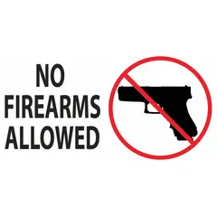 Adhesive-mounted sign communicating firearm restrictions. Suitable for indoor or low-light areas where retroreflection is not required. Nominal size 5 in x 7 in. Pack of 2. Not retroreflective and does not glow in the dark.