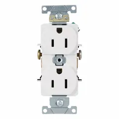 General purpose duplex receptacle rated 125V AC, 15A with 5-15 configuration and 2-pole/3-wire grounding. White finish. Suitable for standard power distribution in residential and commercial wall boxes for lighting, electronics, and small appliances.