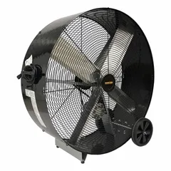 This mobile floor fan features a 48-inch blade diameter and a 1 hp belt-drive motor for high-velocity air movement. Constructed with a steel frame, it operates on 120V AC and is suitable for large-space ventilation in warehouses, factories, and workshops.