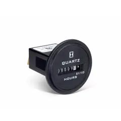 Analog hour meter with flush mount and round bezel, designed for front panel installation. Operates on 10 V DC to 80 V DC and records elapsed time in tenths of an hour. CUL listed with NEMA 4 enclosure rating, suitable for industrial machinery, generators, and pumps requiring runtime monitoring in washdown or outdoor environments.