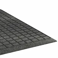 Heavy-duty outdoor scraper-dryer mat constructed from polypropylene and rubber in charcoal gray. Measures 4 ft x 10 ft with a 3/8 in thickness. Designed for scraping dirt and moisture from footwear at building entrances, reducing slip hazards and floor wear in high-traffic areas.