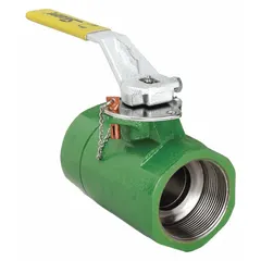 This SHARPE ball valve features a 2-inch ductile iron body with a straight pattern and FNPT x FNPT connections. It has a standard port ball and a locking lever handle for positive shut-off. Suitable for on/off flow control in industrial piping systems handling water, oil, or gas.