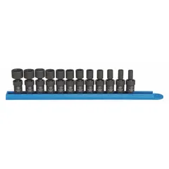 This 12-piece metric impact socket set includes 1/4 in drive sockets ranging from 5 mm to 15 mm, each with a 6-point design. The sockets feature a friction retention mechanism for secure bit holding. Suitable for fastening and loosening nuts and bolts using impact tools in automotive repair, heavy equipment maintenance, and industrial assembly.