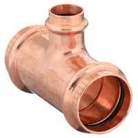 This copper press tee fitting is used to create a branch connection in copper tubing for plumbing systems. It joins three pipes in a T-shape and is installed using press-connect technology. The fitting has a 1 1/2 in CTS x 1 1/2 in CTS x 1 in CTS size and is made of copper or bronze