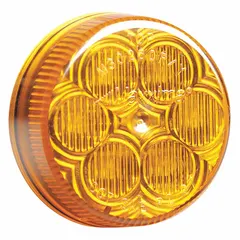 LED clearance light with round surface-mount design and amber lens. Features grommet mount, PL-2 connector, SAE P2 rating, and IP67 protection. Used on trucks, trailers, and heavy equipment to mark vehicle width and height.