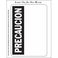 This precut label sheet features the word "PRECAUCION" in black and yellow on a white polyester background. Each sheet contains 25 individual labels with acrylic adhesive for indoor use. Suitable for marking hazards or caution areas in facilities where Spanish-language safety communication is needed.
