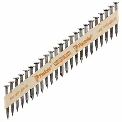 Collated metal connector nails, 1 1/2" long, with a flat, smooth shank and diamond point. Made of steel with a plain finish. Supplied in a 1,000-count pack. Used for fastening metal connectors, joist hangers, and framing hardware in wood construction.