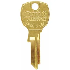 Brass key blank with unfinished finish, designed for cutting to match National lock cylinders. Features a 5-pin configuration. Suitable for use in office furniture applications where replacement or duplicate keys are required.