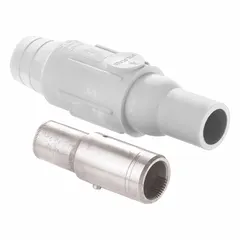 Female single pole inline plug from the 22 Series, rated 600 A at 600V AC/600V DC. White finish with crimp tube termination. Suitable for high-current inline connections in power distribution and equipment.