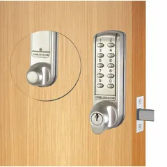 The CODELOCKS CL2210-BS is an electronic keyless deadbolt constructed from zinc. It features a keypad for access and includes a standard SC1 keyway for key override. This model is ADA compliant, making it suitable for commercial or industrial doors requiring accessible, keyless entry.