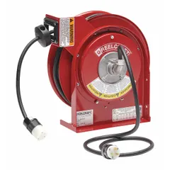Self-retracting cord reel with ratchet lock mechanism. Includes 45 ft of 12 AWG SJEOOW cable. Feeder cord ends in a NEMA 5-20P plug; retractable cord ends in a NEMA 5-20R connector. Used for managing power extension in workshops, maintenance areas, and construction sites.