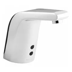Brass construction with chrome finish. Battery-powered single-post design with aerated flow. Includes mounting hardware. Suitable for hands-free operation in restroom settings.