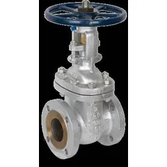 This SHARPE gate valve features a rising stem design for visual position indication. Constructed with CF8M stainless steel wedge and bonnet, it has a Class 300 flange connection and is rated for 720 psi CWP. Operated by a handwheel, it is suitable for on-off flow control in industrial piping systems.