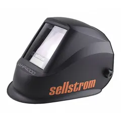 Black nylon auto-darkening welding helmet with a 3.94 x 3.28 in viewing area. Features 4 arc sensors, digital ADF controls, welding shades W4/W5 to W13, grind mode, and ratchet suspension adjustment. Suitable for MIG, TIG, and stick welding applications.